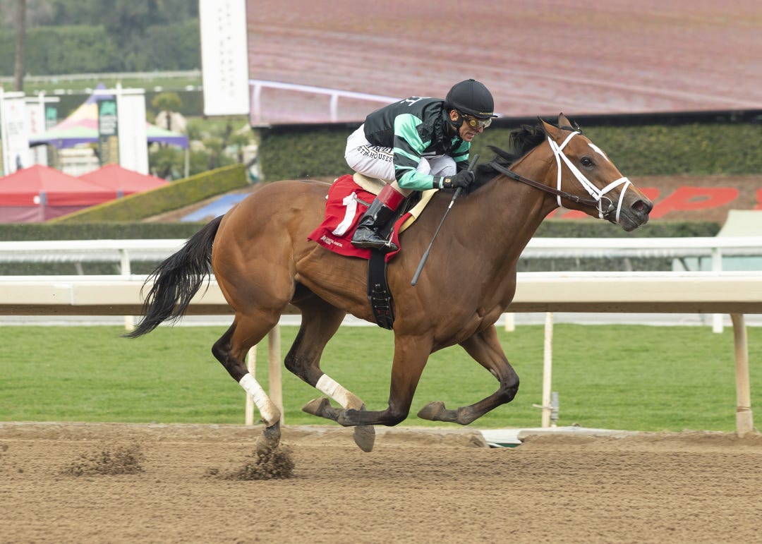 Clearly Unhinged goes right from this maiden victory in February to the Santa Anita Oaks on Saturday.