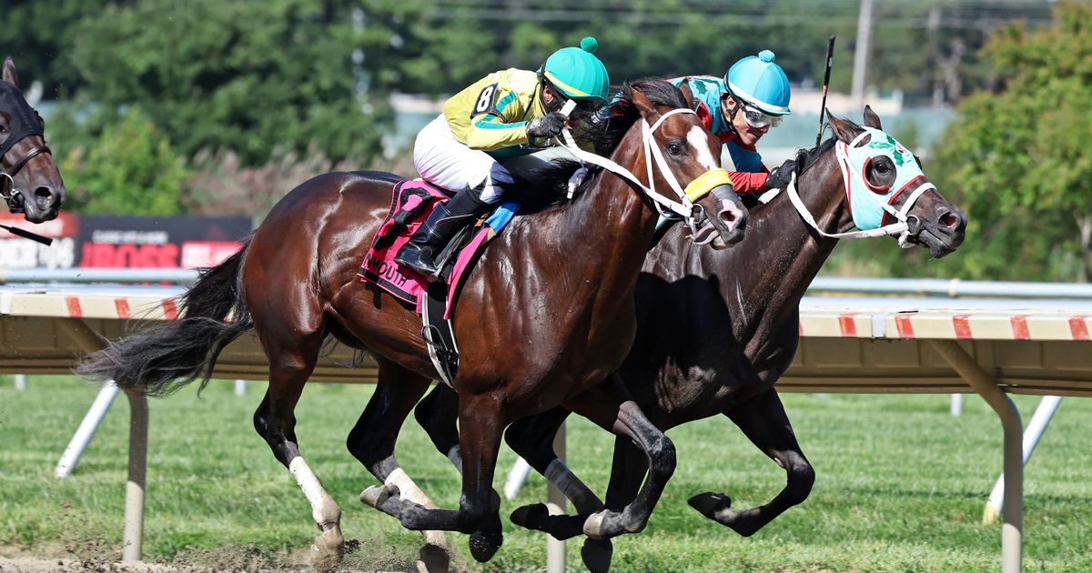 Sea Devil, trying two turns, noses Raku in Sapling Stakes