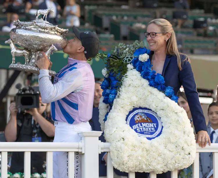 Jena Antonucci.Javier Castellano celebrate after Arcangelo wins Belmont