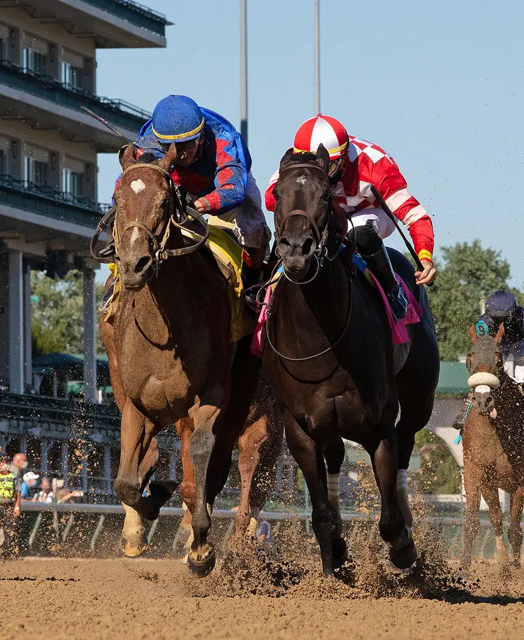 Bell's the One (left) beats Serengeti Empress in the 2020 Derby City Distaff at Churchill Downs