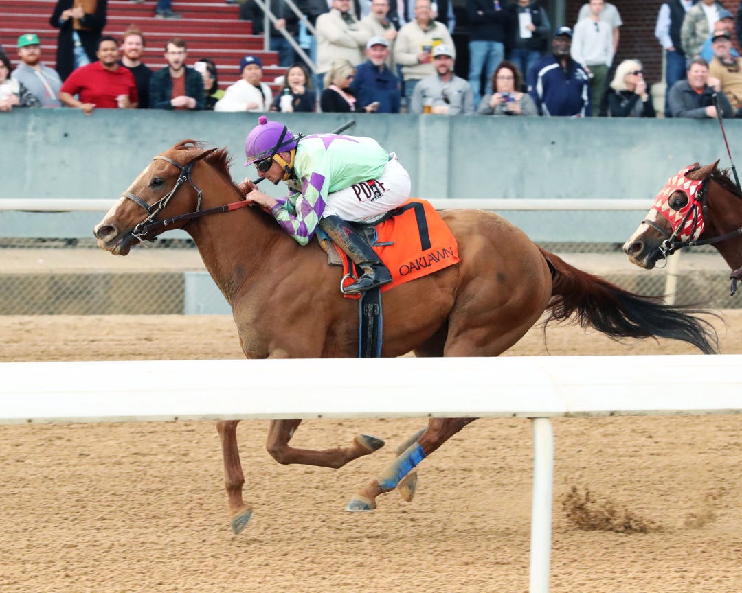 Tejano Twist rallies late to win an allowance at Oaklawn on Jan. 6. He’ll have every chance to do the same in the Whitmore.