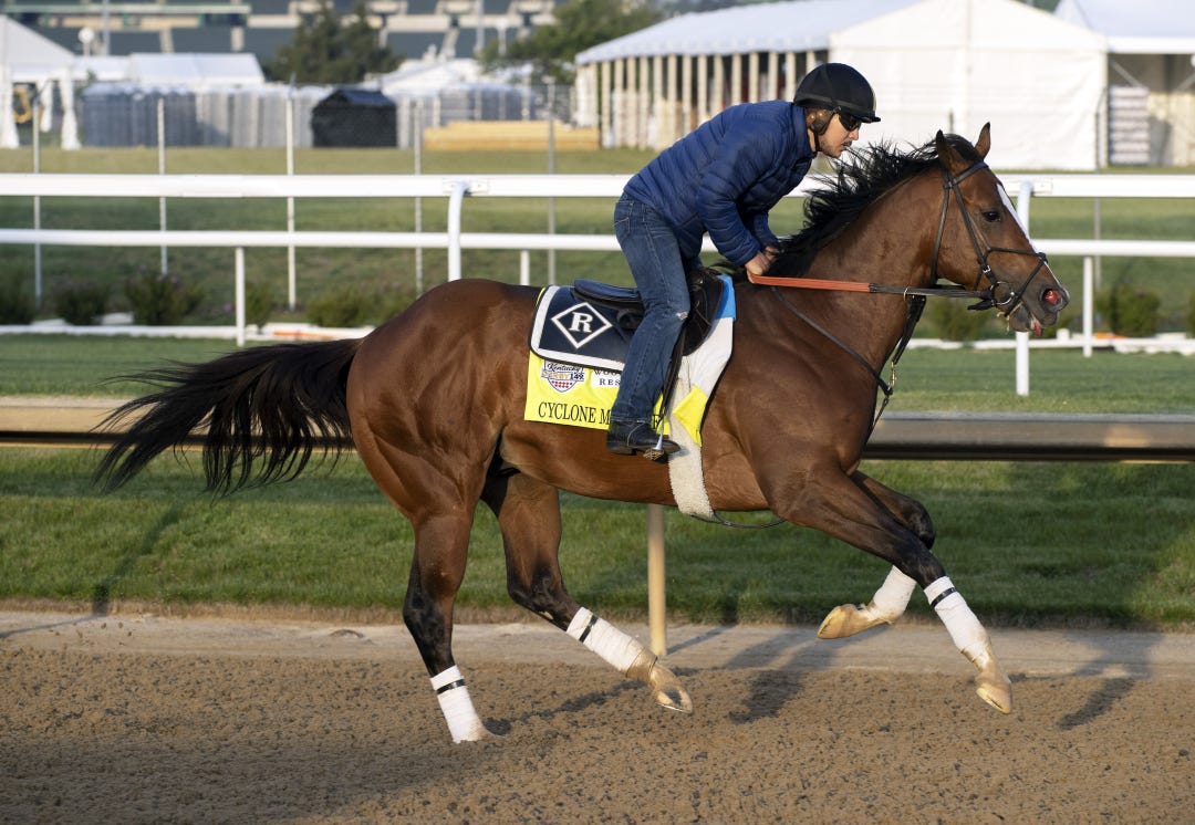 Cyclone Mischief, training at Churchill Downs on Wednesday, needs two scratches to get into the Kentucky Derby.