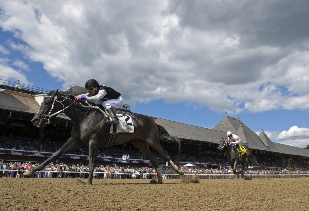 Damon’s Mound, here winning the Saratoga Special last summer, makes his turf debut in the Palisades on Sunday.