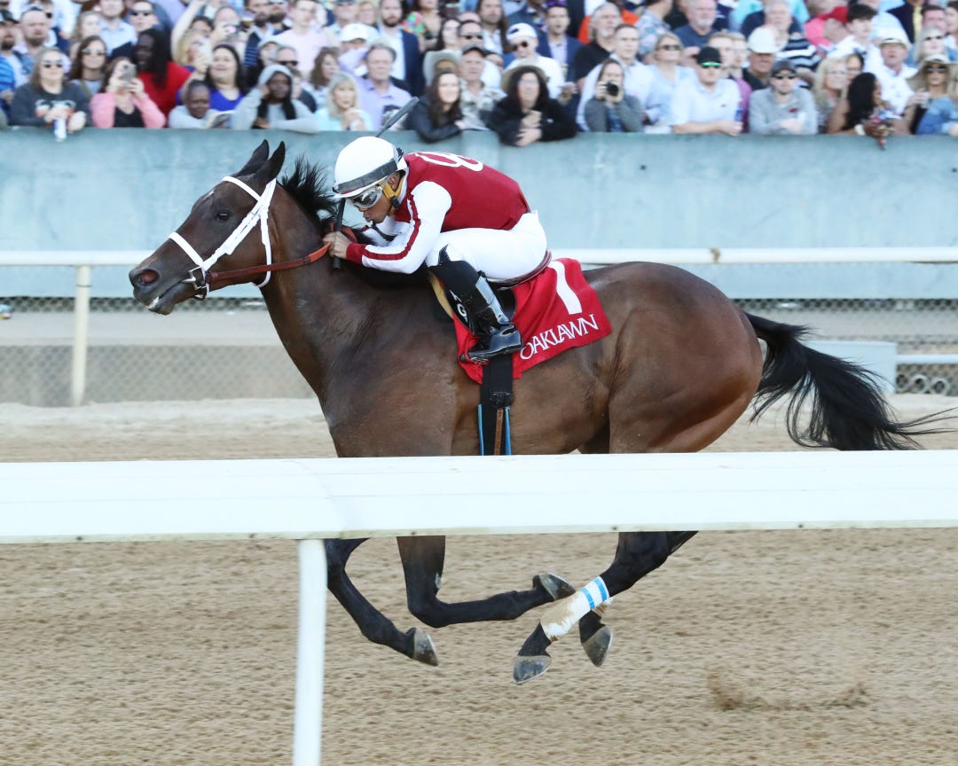 Go West wins an allowance sprint at Oaklawn on April 1.