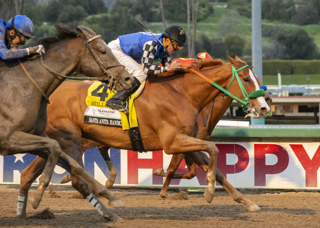Stilleto Boy holds off the onrushing Proxy in the Santa Anita Handicap on March 4.