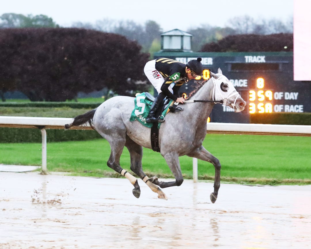 Winters Lion wins a maiden race on a sloppy Oaklawn track in December.