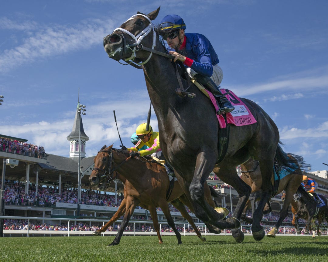 Heavenly Sunday leads all the way to win the Edgewood Stakes under Florent Geroux on Friday at Churchill.