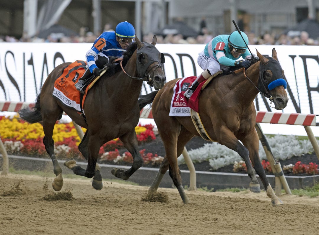 National Treasure (right) beats Blazing Sevens in Preakness May 20 2023
