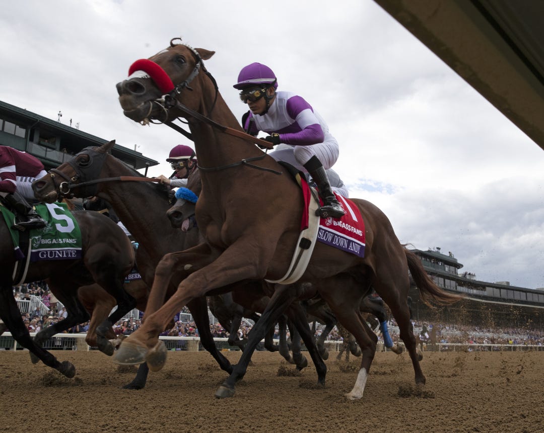 Slow Down Andy, on his way to a third-place finish in the Breeders' Cup Dirt Mile in November, worked six furlongs in 1:12.40 under jockey Mario Gutierrez on Sunday at Santa Anita.