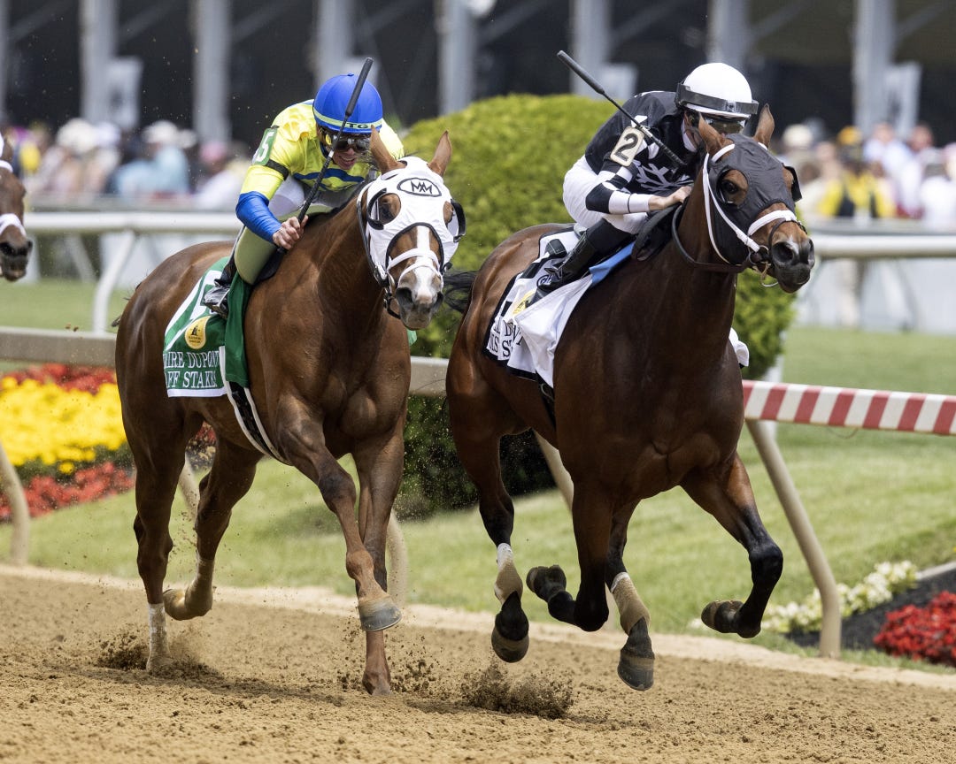 Interstatedaydream (right) holds off Misty Veil in duPont Distaff at PIM May 19 2023