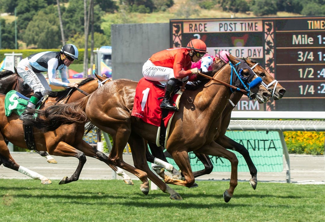 Mi Hermano Ramon (No. 1) overtakes Wizard of Westwood in Singletary at SA May 7 2023