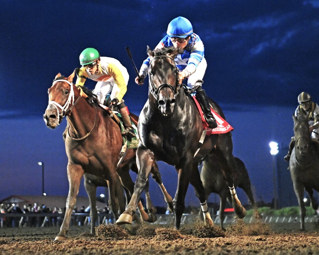 Giant Game (right) wins Cornhusker at PRM over Skippylongstocking July 9 2023