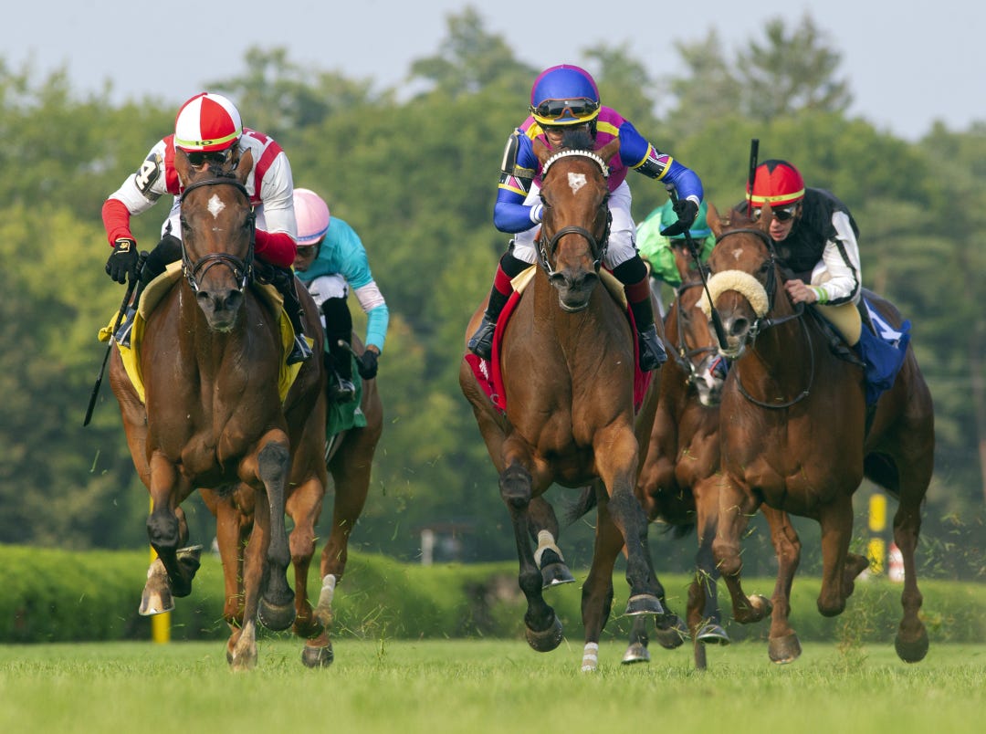 McKulick (left) beats War Like Goddess (center) in Glens Falls at SAR Aug 3 2023