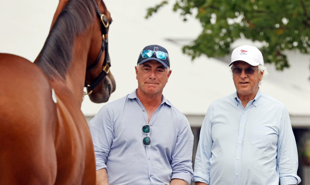 Bob Baffert (right), Donato Lanni inspect a horse at KEE Sept. 11 2023