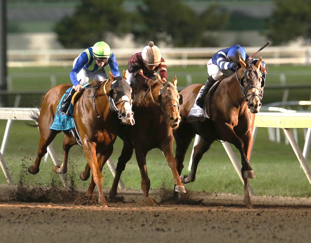 How Did He Do That-Red Route One-Tumbaruna (from left) in Okla Derby Sept 24 2023
