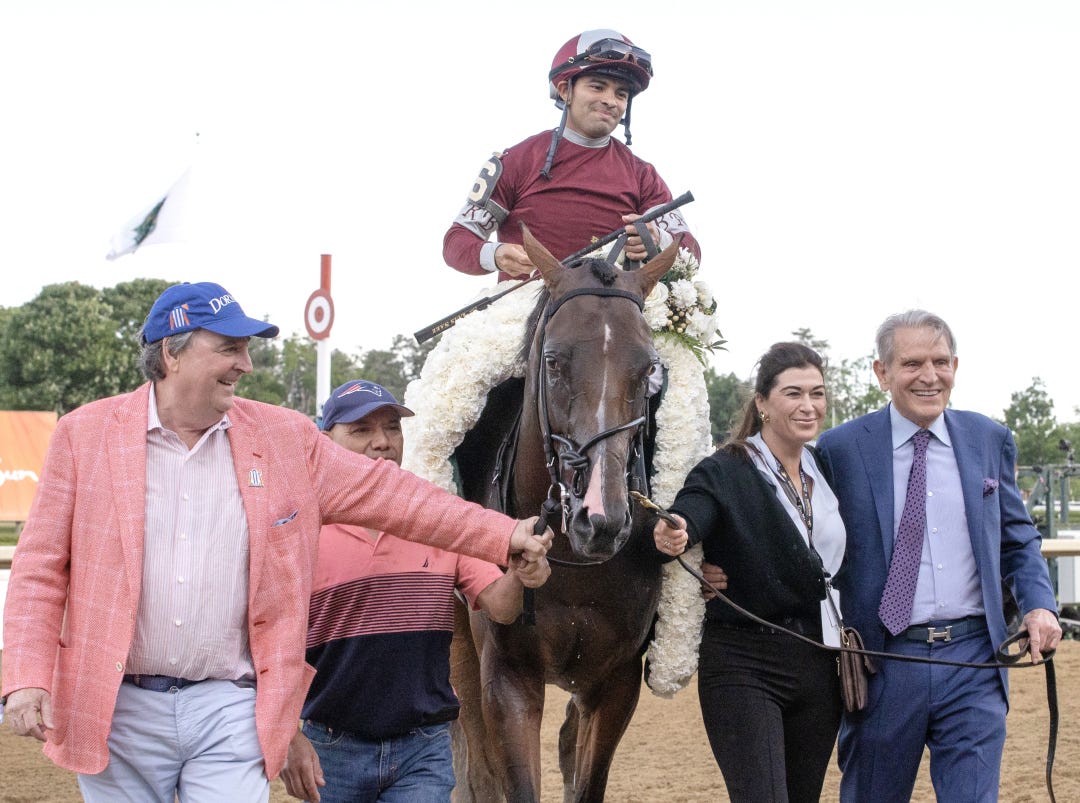 Dornoch after Belmont Stakes. Larry Connolly (left), Randy Hill (right), assistant Carol Fisher at SAR  Jun 8 2024