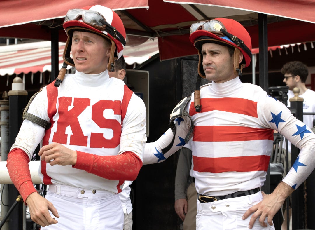 Dylan Davis (left).Flavien Prat await inquiry results at SAR June 6 2025