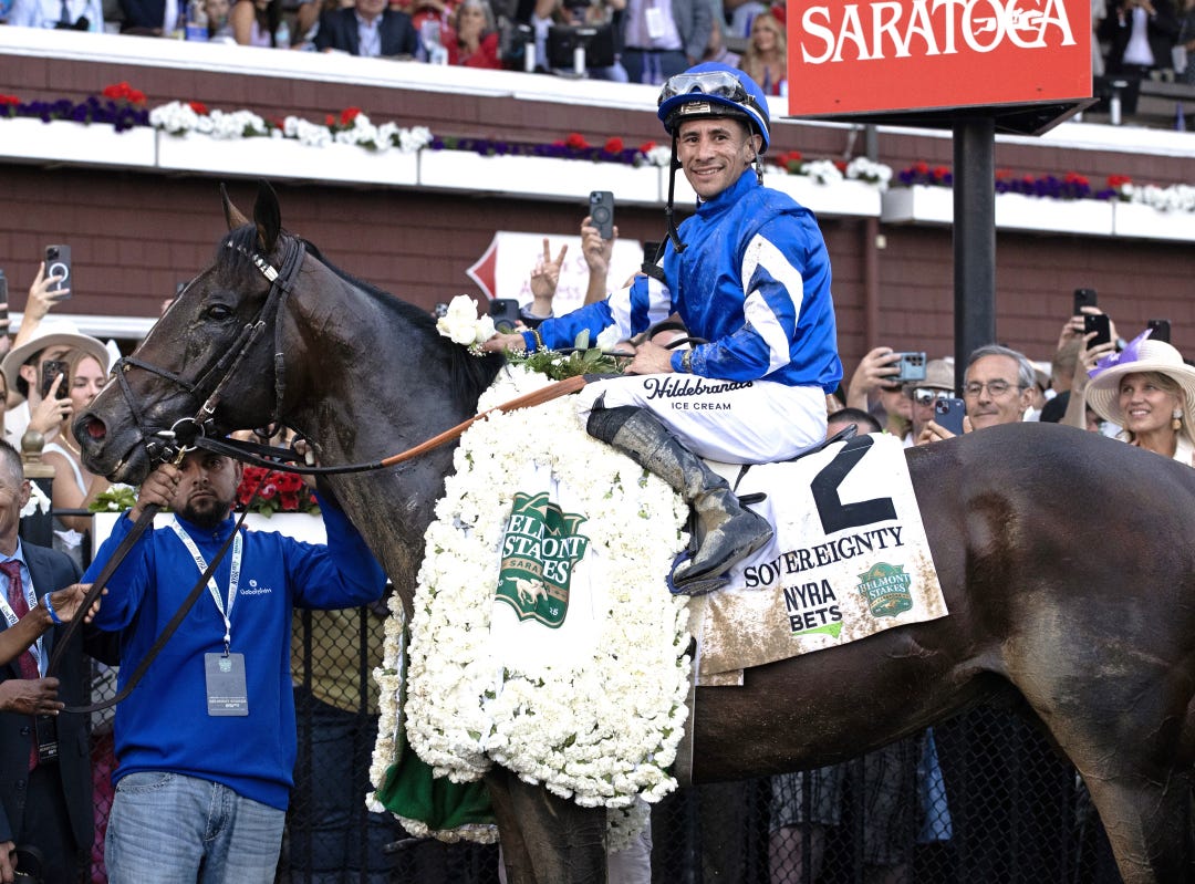 Sovereignty.Junior Alvarado Belmont winner's circle at SAR June 7 2025