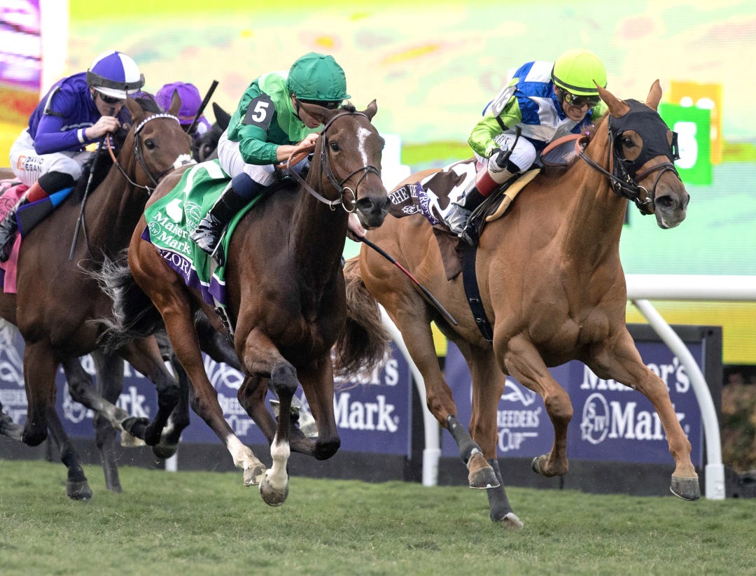 Gezora (left) runs down She Feels Pretty to win BC Filly and Mare Turf at DMR Nov 1 2025