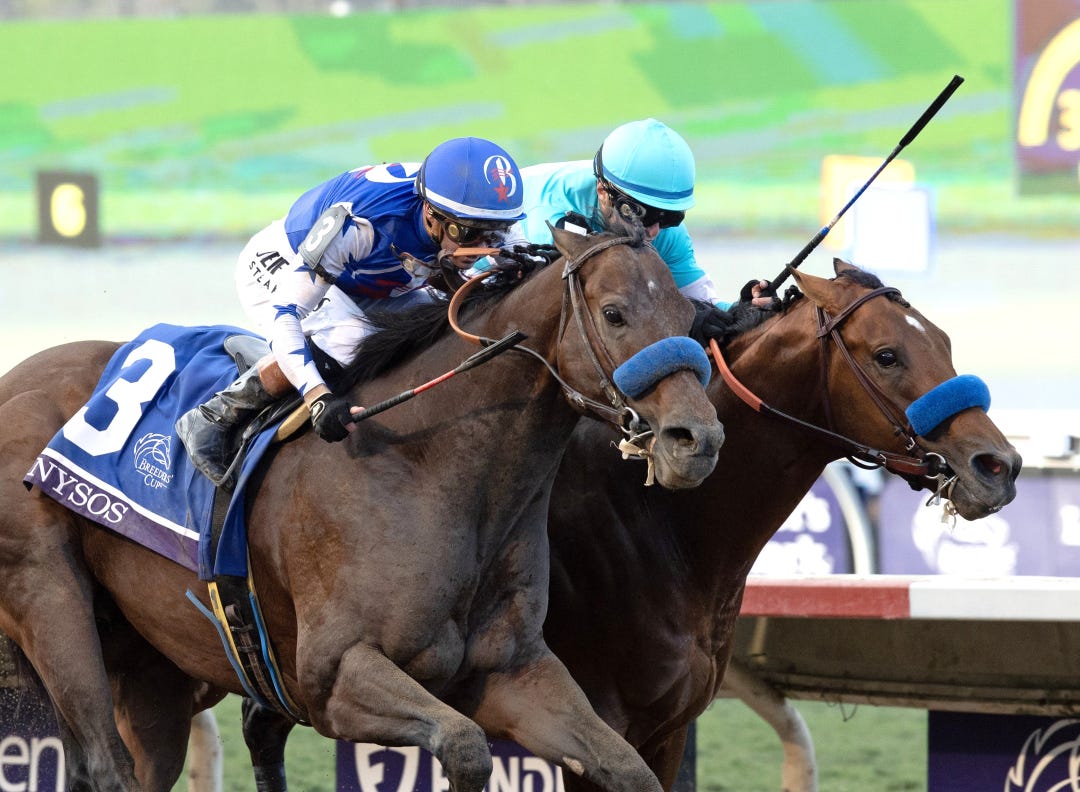 Nysos (left) wins BC Dirt Mile at DMR Nov 1 2025