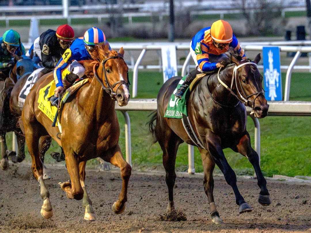 Paladin (left) reels in Chip Honcho to win Risen Star at FG Feb 14 2026